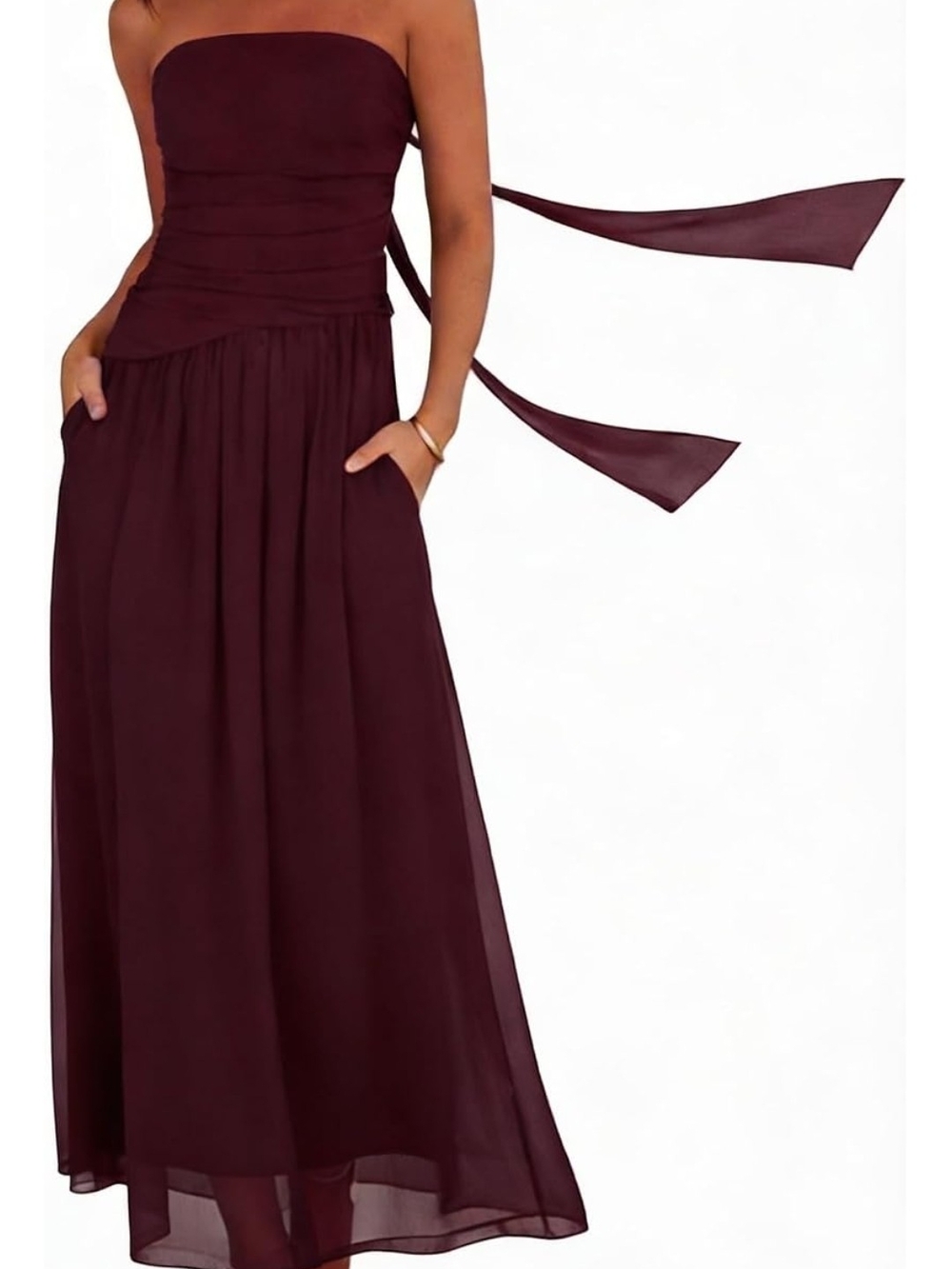 Strapless Burgundy Maxi Dress with Sash
